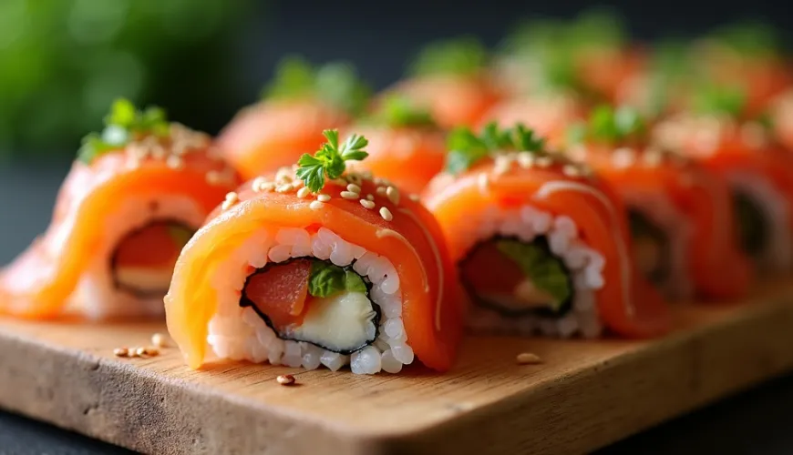 Uramaki jako modne rolki sushi na zabawny posiłek z przyjaciółmi